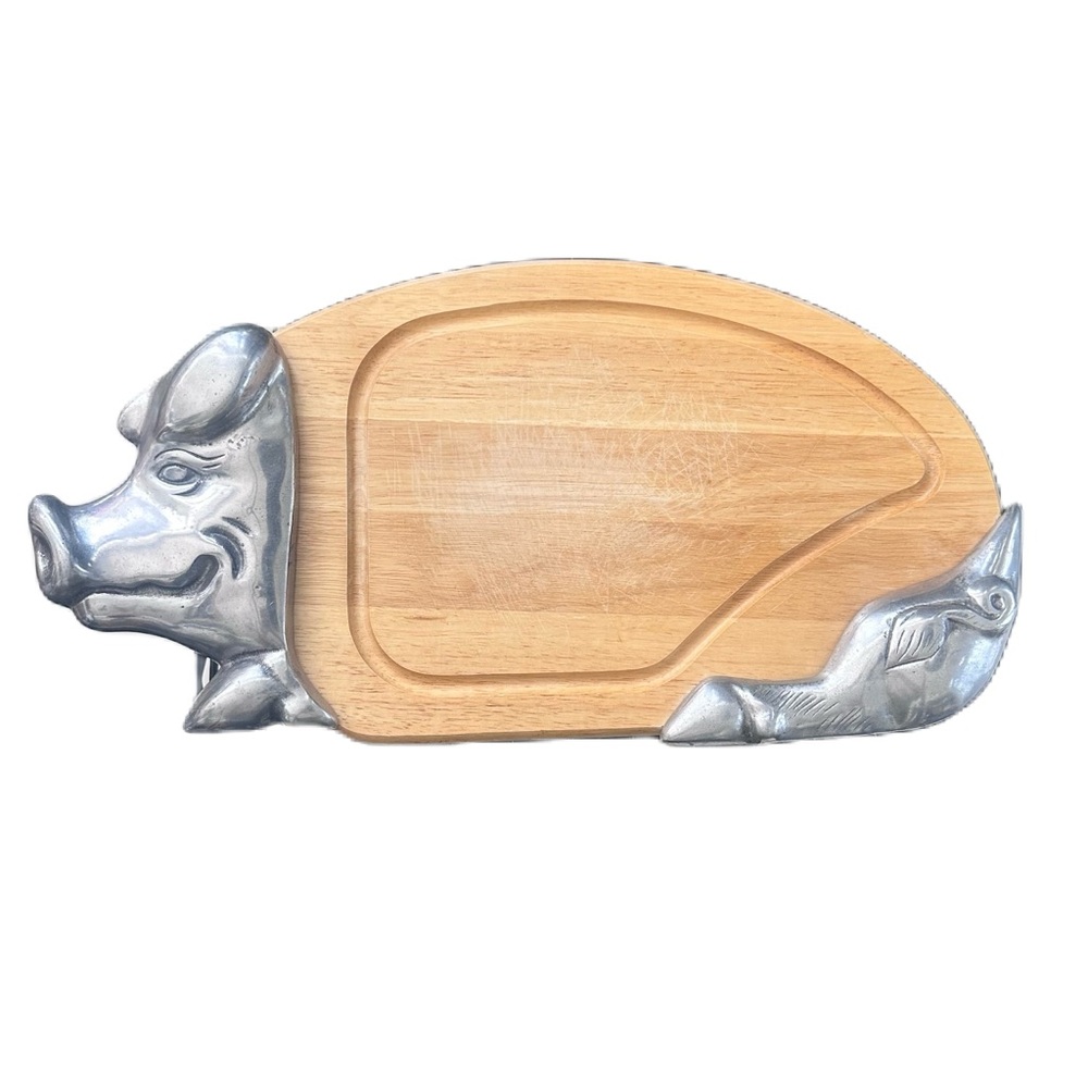 Pig Shaped Wooden Cutting Board Charcuterie Metal Farmhouse Kitchen Decor - Picture 11 of 16